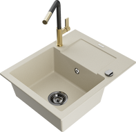 Mexen Enzo 1-compartment granite sink with a drip tray and kitchen mixer tap Flora, Beige - 6506-69-670401-57-B