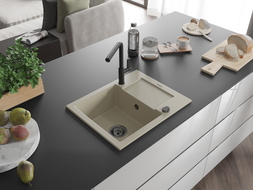 Mexen Enzo granite single-bowl sink with drainer and Flora kitchen faucet, beige - 6506-69-670401-70-B