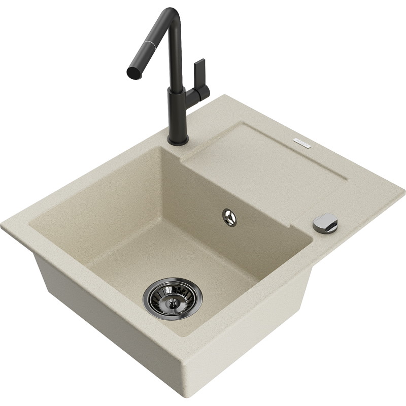 Mexen Enzo 1-bowl granite kitchen sink with drainer and Flora faucet, beige - 6506-69-670401-70-B