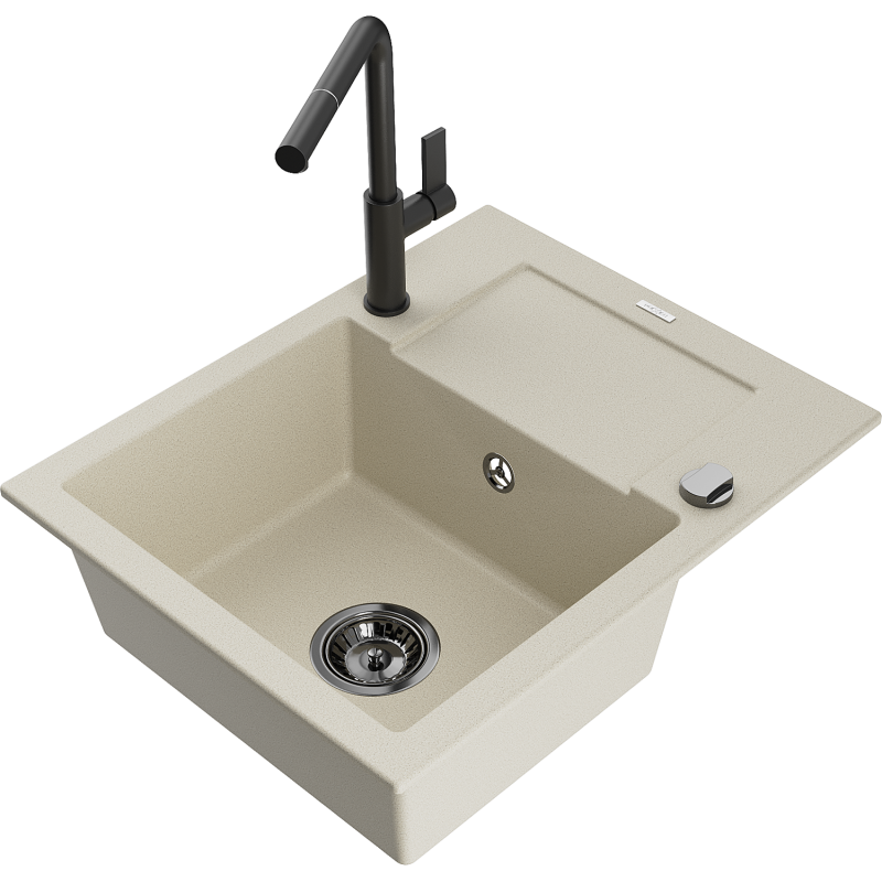 Mexen Enzo 1-compartment granite sink with a drip tray and kitchen mixer tap Flora, Beige - 6506-69-670401-70-B