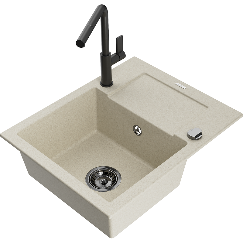 Mexen Enzo single-bowl granite sink with drainer and Flora kitchen tap, beige - 6506-69-670401-70-B