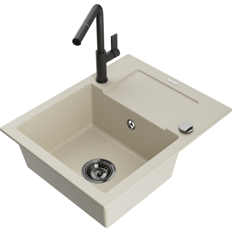 Mexen Enzo 1-compartment granite sink with a drip tray and kitchen mixer tap Flora, Beige - 6506-69-670401-70-B