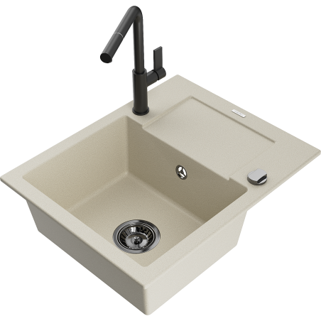 Mexen Enzo single-bowl granite sink with drainer and Flora kitchen tap, beige - 6506-69-670401-70-B