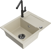 Mexen Enzo 1-compartment granite sink with a drip tray and kitchen mixer tap Flora, Beige - 6506-69-670401-70-B