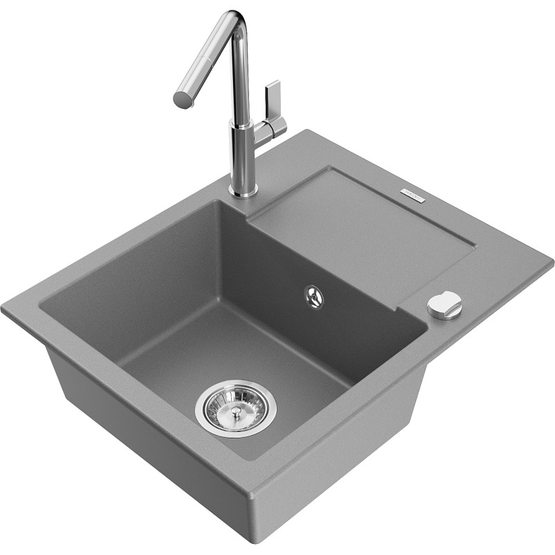 Mexen Enzo Granite kitchen sink single chamber with drainer and Flora faucet, gray - 6506-71-670401-00