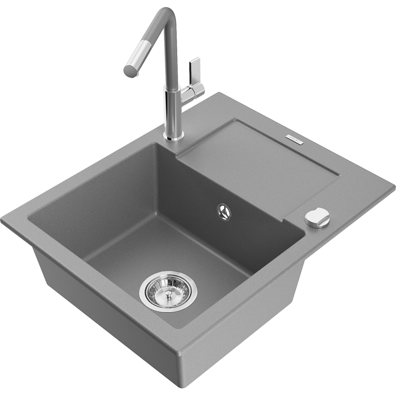 Mexen Enzo granite sink 1-bowl with drainer and Flora kitchen tap, grey - 6506-71-670401-06
