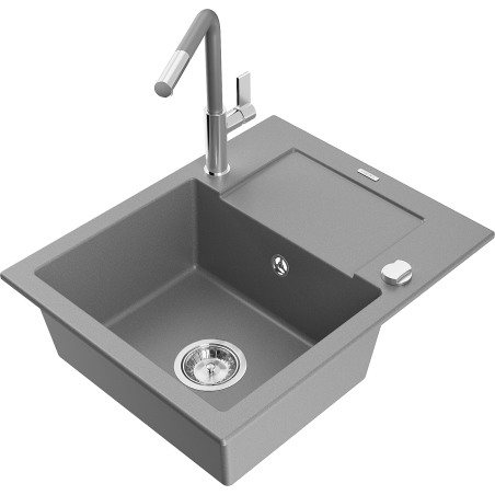 Mexen Enzo 1-compartment granite sink with a drip tray and kitchen mixer tap Flora, Grey - 6506-71-670401-06