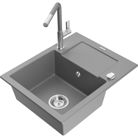 Mexen Enzo granite sink 1-bowl with drainer and Flora kitchen tap, grey - 6506-71-670401-06