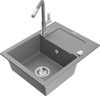 Mexen Enzo 1-compartment granite sink with a drip tray and kitchen mixer tap Flora, Grey - 6506-71-670401-06