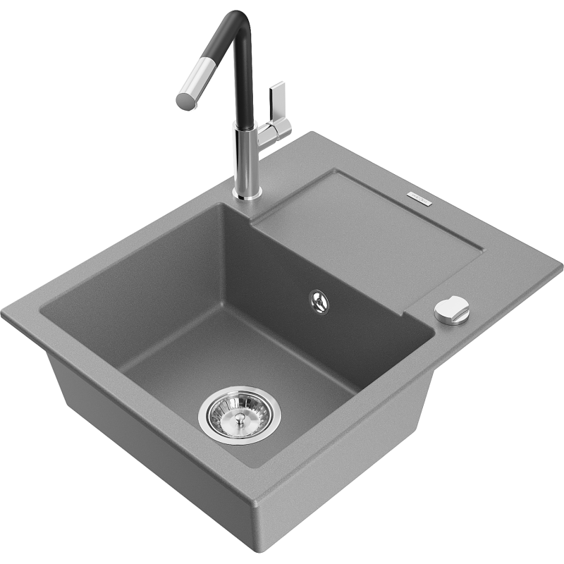 Mexen Enzo 1-bowl granite sink with drainer and Flora kitchen tap, grey - 6506-71-670401-07