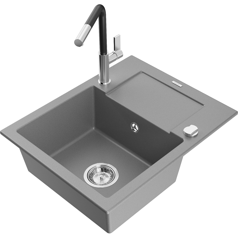 Mexen Enzo 1-compartment granite sink with a drip tray and kitchen mixer tap Flora, Grey - 6506-71-670401-07