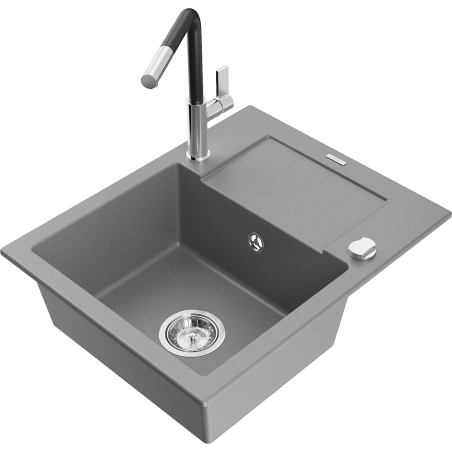Mexen Enzo 1-bowl granite sink with drainer and Flora kitchen tap, grey - 6506-71-670401-07