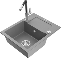 Mexen Enzo 1-compartment granite sink with a drip tray and kitchen mixer tap Flora, Grey - 6506-71-670401-07