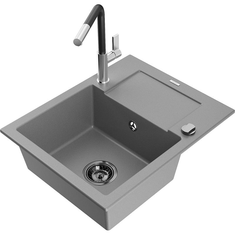 Mexen Enzo 1-Bowl Granite Kitchen Sink with Drainer and Flora Tap, Gray - 6506-71-670401-07-B