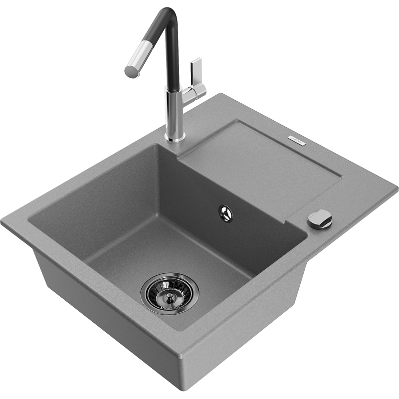 Mexen Enzo granite sink 1-bowl with drainer and Flora kitchen tap, grey - 6506-71-670401-07-B