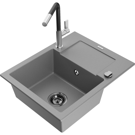 Mexen Enzo 1-compartment granite sink with a drip tray and kitchen mixer tap Flora, Grey - 6506-71-670401-07-B
