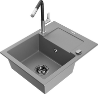 Mexen Enzo 1-compartment granite sink with a drip tray and kitchen mixer tap Flora, Grey - 6506-71-670401-07-B