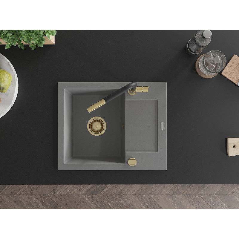 Mexen Enzo 1-bowl granite sink with drainer and Flora kitchen tap, grey - 6506-71-670401-57-G