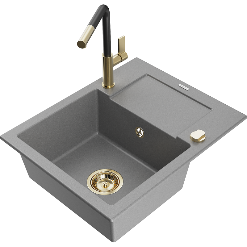 Mexen Enzo 1-compartment granite sink with a drip tray and kitchen mixer tap Flora, Grey - 6506-71-670401-57-G