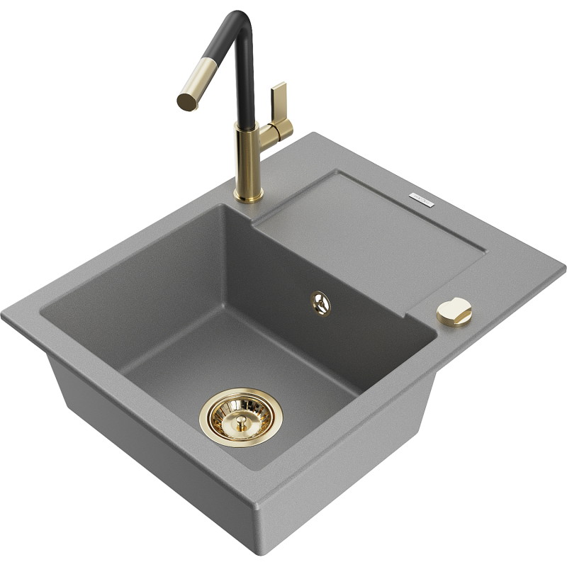 Mexen Enzo granite kitchen sink 1-bowl with drainer and Flora kitchen faucet, gray - 6506-71-670401-57-G