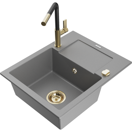 Mexen Enzo 1-compartment granite sink with a drip tray and kitchen mixer tap Flora, Grey - 6506-71-670401-57-G