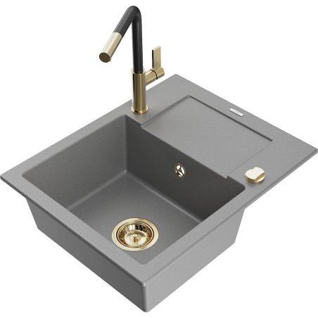 Mexen Enzo granite kitchen sink 1-bowl with drainer and Flora kitchen faucet, gray - 6506-71-670401-57-G