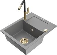 Mexen Enzo 1-compartment granite sink with a drip tray and kitchen mixer tap Flora, Grey - 6506-71-670401-57-G