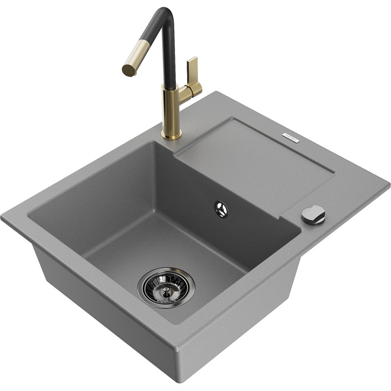Mexen Enzo 1-bowl granite sink with drainer and Flora kitchen faucet, gray - 6506-71-670401-57-B