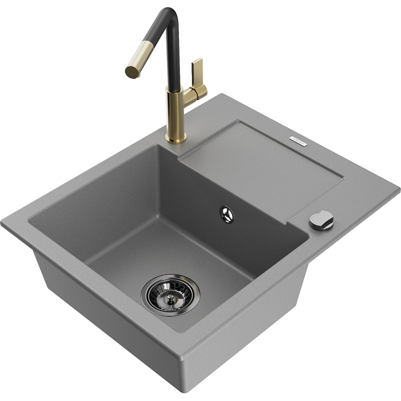 Mexen Enzo 1-compartment granite sink with a drip tray and kitchen mixer tap Flora, Grey - 6506-71-670401-57-B