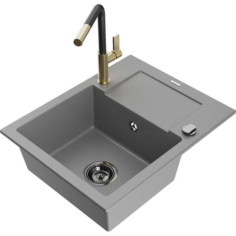 Mexen Enzo granite sink 1-bowl with drainer and Flora kitchen tap, grey - 6506-71-670401-57-B
