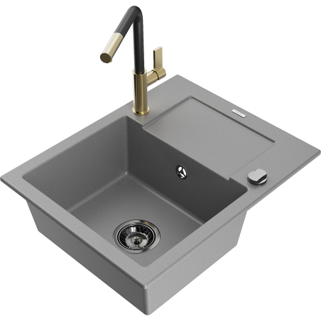 Mexen Enzo 1-compartment granite sink with a drip tray and kitchen mixer tap Flora, Grey - 6506-71-670401-57-B