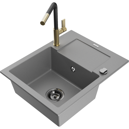 Mexen Enzo granite sink 1-bowl with drainer and Flora kitchen tap, grey - 6506-71-670401-57-B