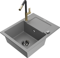 Mexen Enzo 1-compartment granite sink with a drip tray and kitchen mixer tap Flora, Grey - 6506-71-670401-57-B