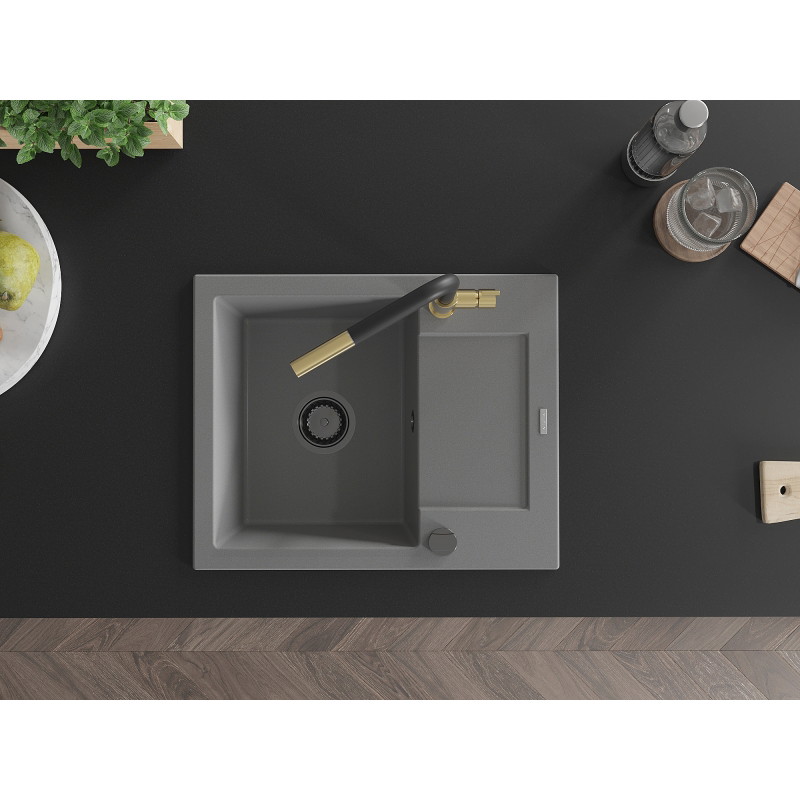 Mexen Enzo granite sink 1-bowl with drainer and Flora kitchen faucet, gray - 6506-71-670401-57-B