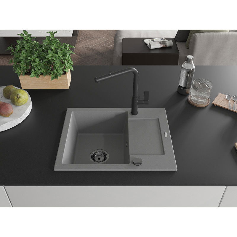 Mexen Enzo granite kitchen sink 1-bowl with drainer and Flora kitchen tap, grey - 6506-71-670401-70-B