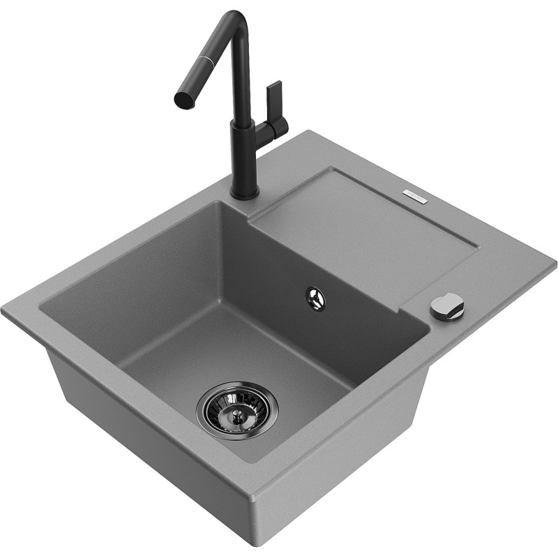 Mexen Enzo 1-bowl granite sink with drainer and Flora kitchen faucet, gray - 6506-71-670401-70-B