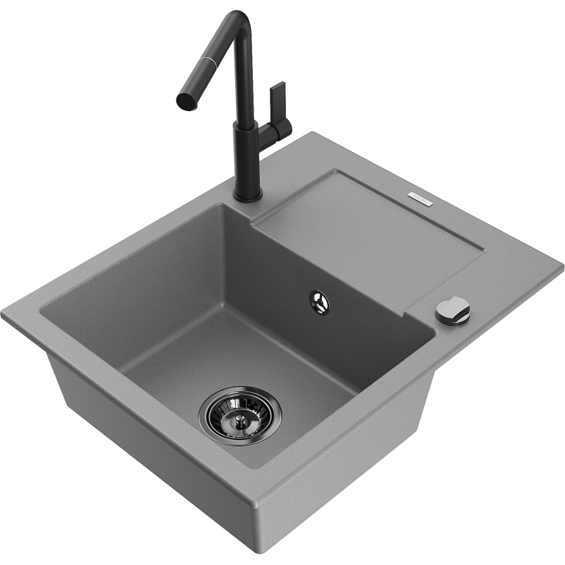 Mexen Enzo granite kitchen sink 1-bowl with drainer and Flora kitchen tap, grey - 6506-71-670401-70-B