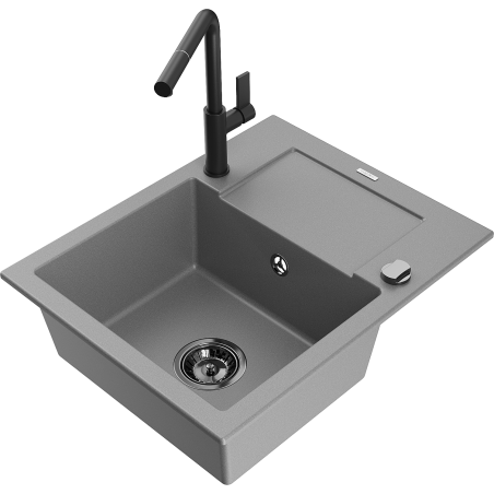 Mexen Enzo 1-bowl granite sink with drainer and Flora kitchen faucet, gray - 6506-71-670401-70-B