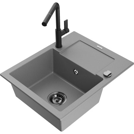 Mexen Enzo granite kitchen sink 1-bowl with drainer and Flora kitchen tap, grey - 6506-71-670401-70-B