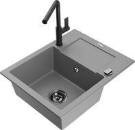Mexen Enzo 1-bowl granite sink with drainer and Flora kitchen faucet, gray - 6506-71-670401-70-B
