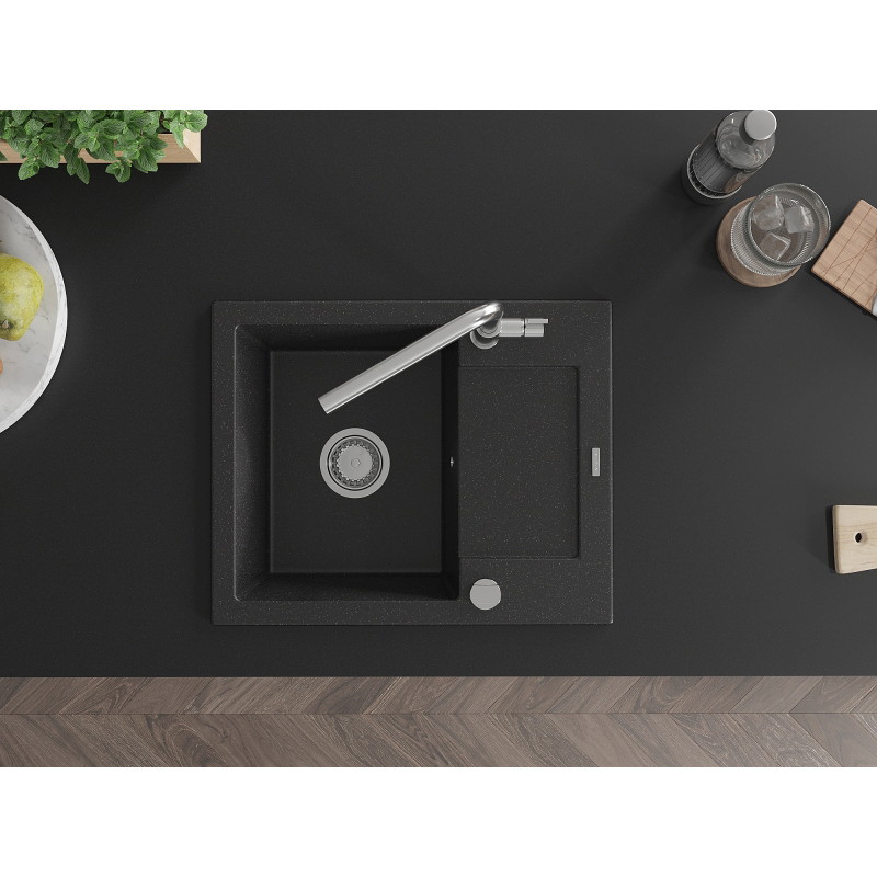 Mexen Enzo granite kitchen sink 1-bowl with drainer and Flora kitchen faucet, black/silver metallic - 6506-73-670401-00