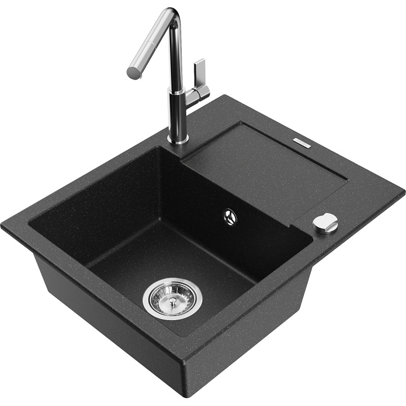 Mexen Enzo granite kitchen sink 1-bowl with drainer and Flora kitchen faucet, black/silver metallic - 6506-73-670401-00