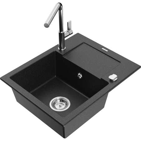 Mexen Enzo 1-compartment granite sink with a drip tray and kitchen mixer tap Flora, Black/Silver metallic - 6506-73-670401-00