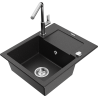 Mexen Enzo 1-bowl Granite Sink with Drainer and Flora Kitchen Faucet, Black/Silver Metallic - 6506-73-670401-00
