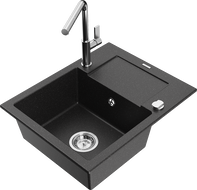 Mexen Enzo 1-compartment granite sink with a drip tray and kitchen mixer tap Flora, Black/Silver metallic - 6506-73-670401-00