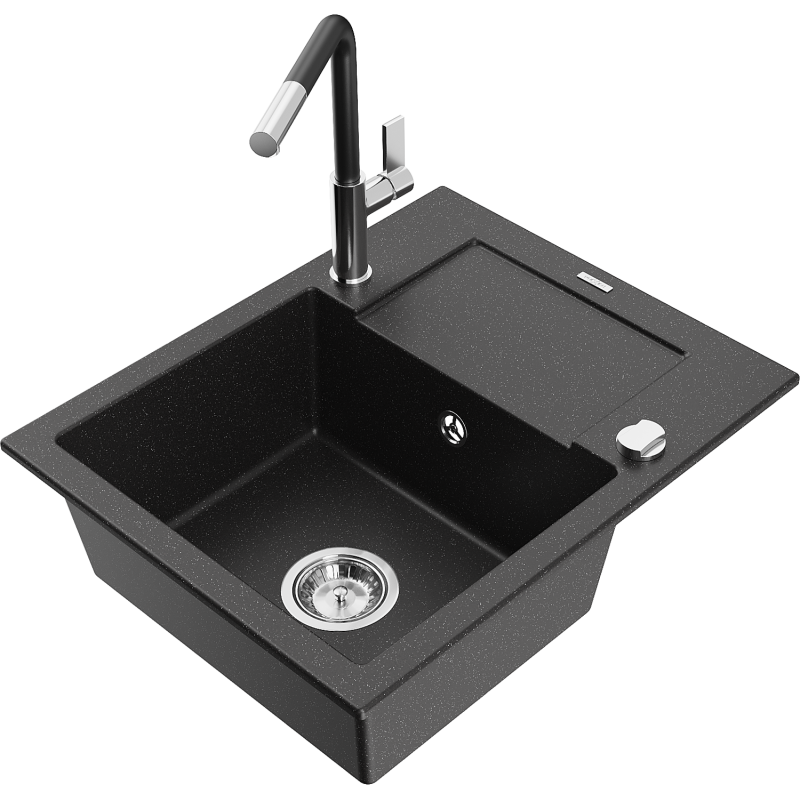 Mexen Enzo 1-compartment granite sink with a drip tray and kitchen mixer tap Flora, Black/Silver metallic - 6506-73-670401-07