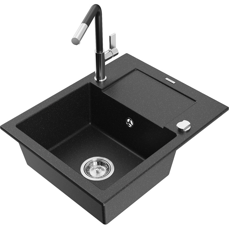 Mexen Enzo granite single-bowl sink with drainer and Flora kitchen faucet, black/silver metallic - 6506-73-670401-07
