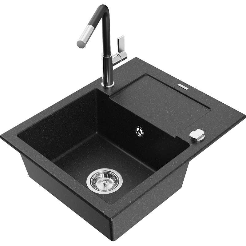 Mexen Enzo granite sink single-bowl with drainer and Flora kitchen tap, black/silver metallic - 6506-73-670401-07