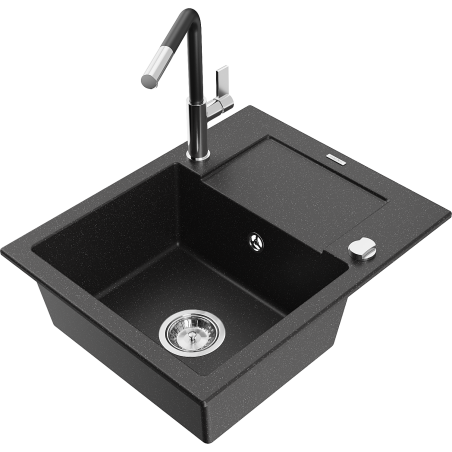 Mexen Enzo granite sink 1-bowl with drainer and kitchen faucet Flora, black/silver metallic - 6506-73-670401-07