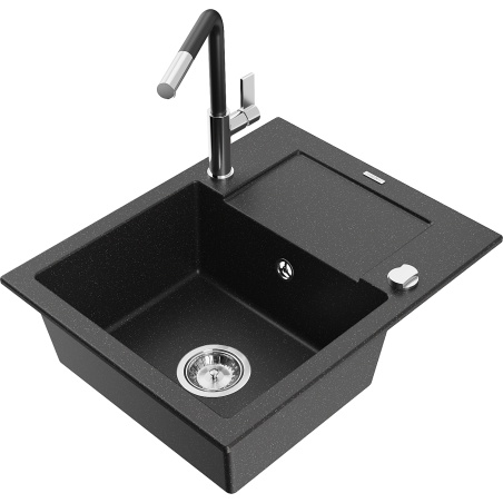 Mexen Enzo granite sink single-bowl with drainer and Flora kitchen tap, black/silver metallic - 6506-73-670401-07
